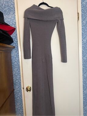 SKIMS Gray Off-Shoulder Long Sleeve Knit Maxi Dress